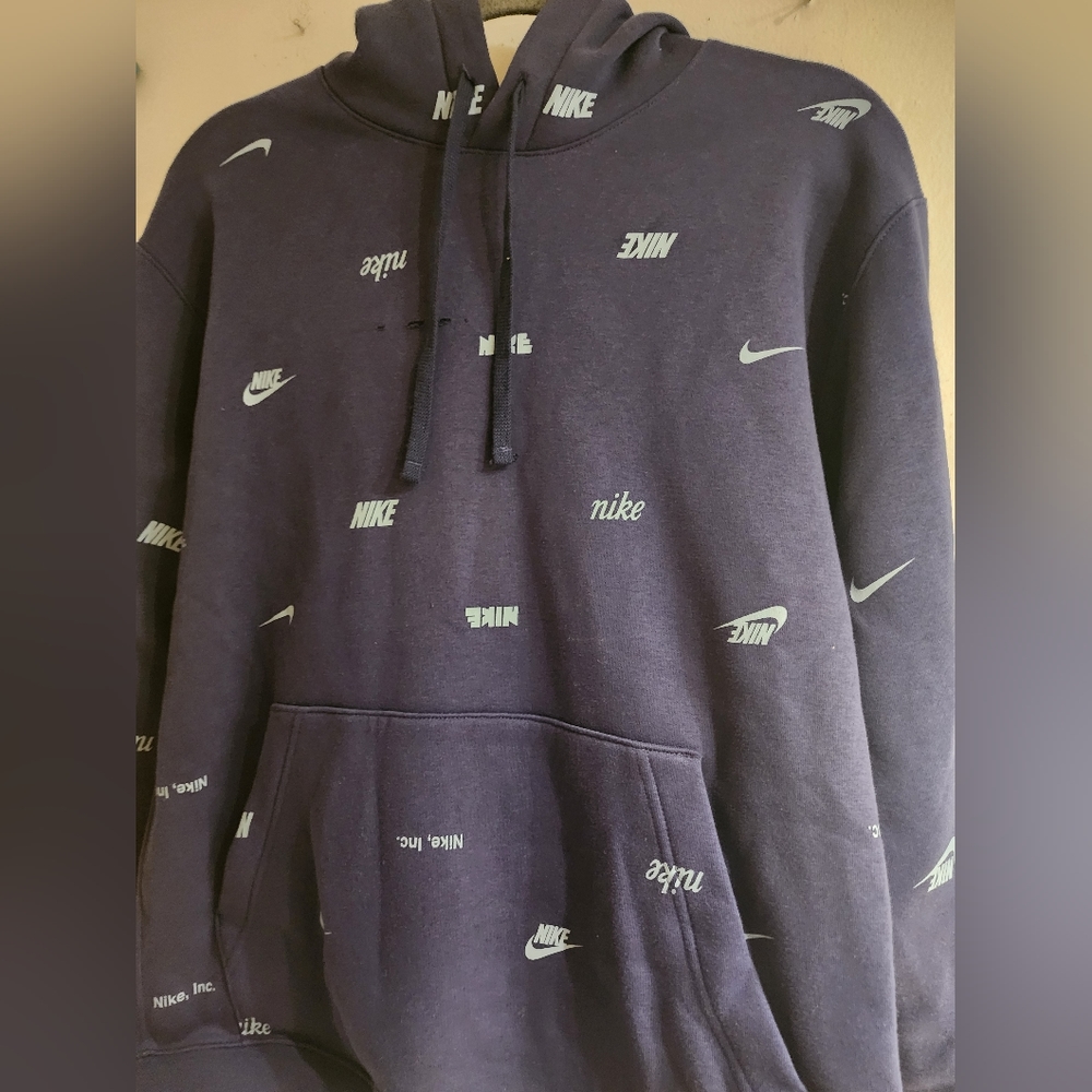 COPY - Nike hoody L blue Nike logo all over NWOT  with snag on front